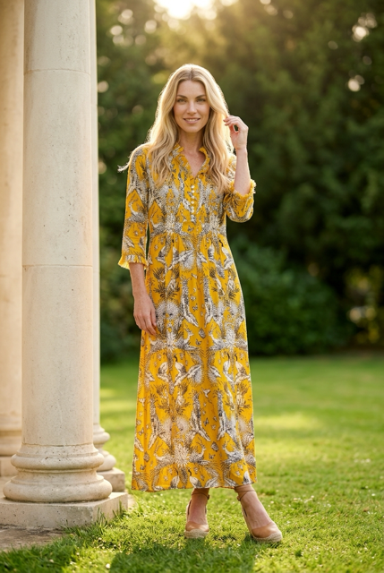 Cotton Annabel Maxi Dress in Ochre Tropical