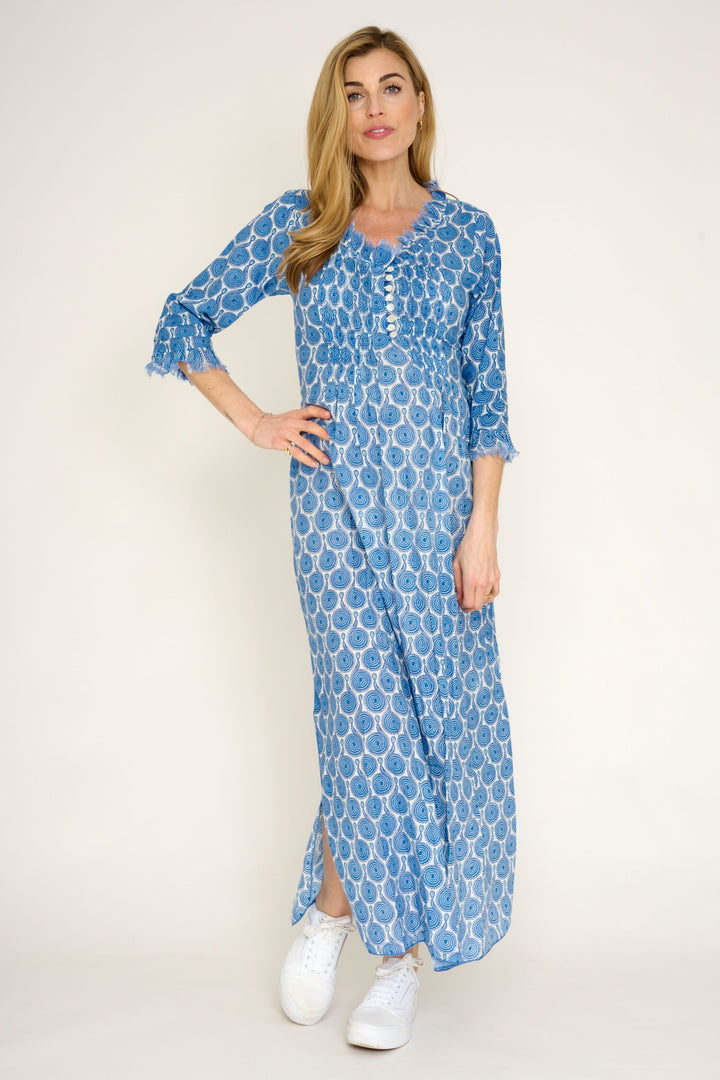 Cotton Annabel Maxi Dress in Blue & White Peacock Swirl