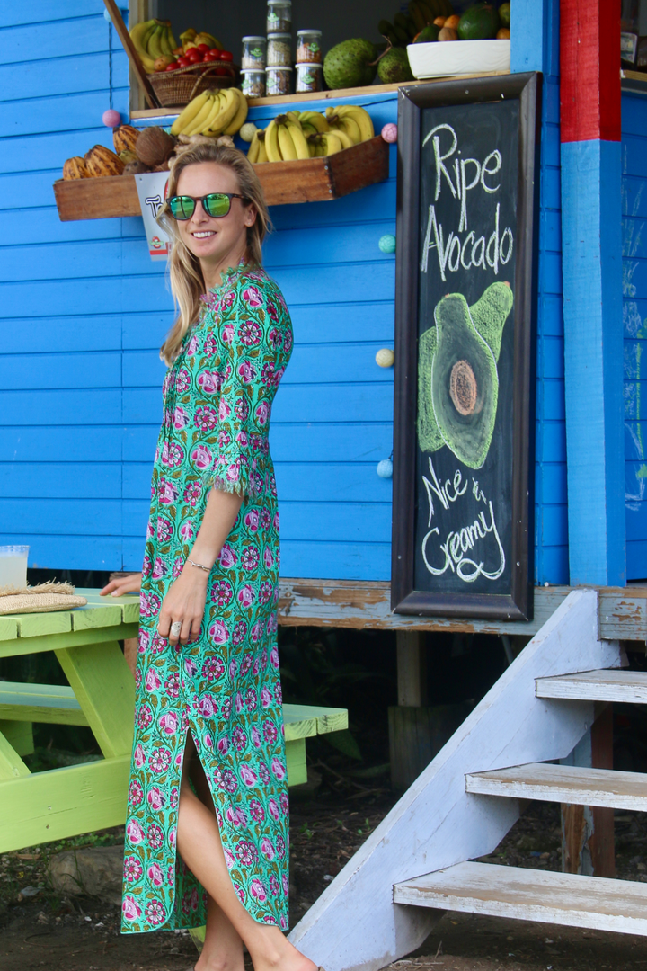 Cotton Annabel Maxi Dress in Green Pink Flower At Last Shop