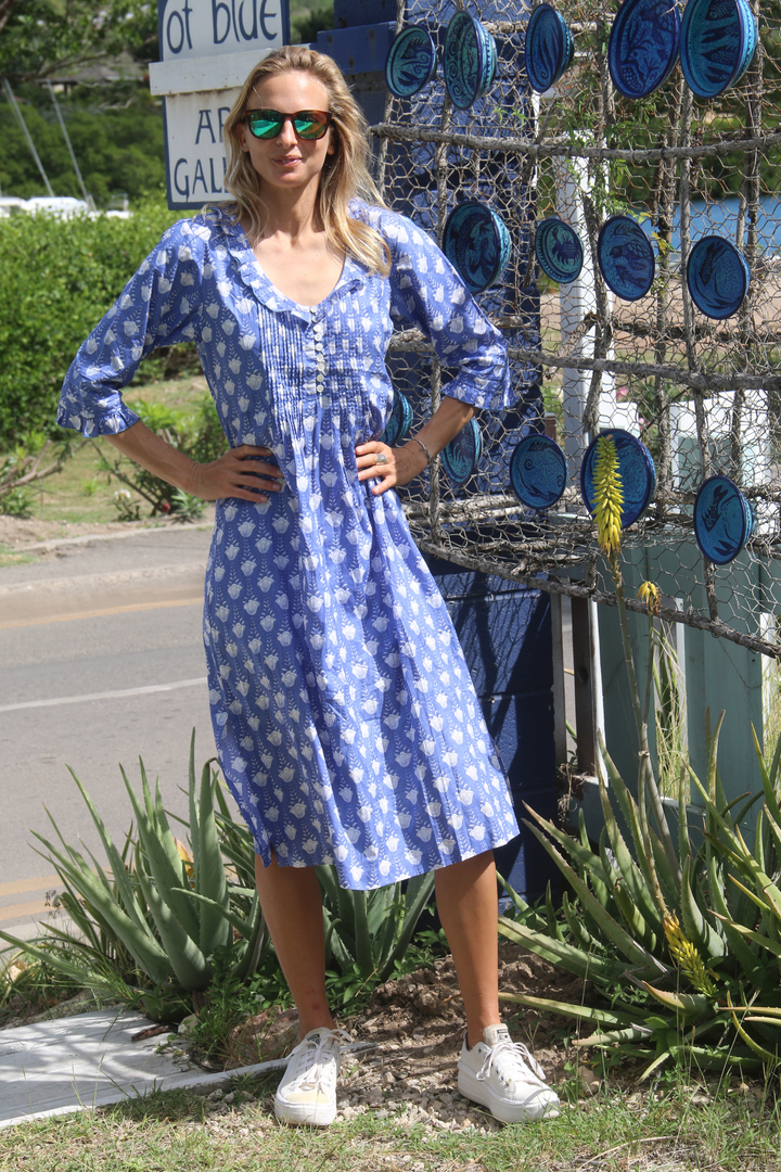 Cotton Karen 3/4 Sleeve Day Dress in Wedgewood Blue Flower