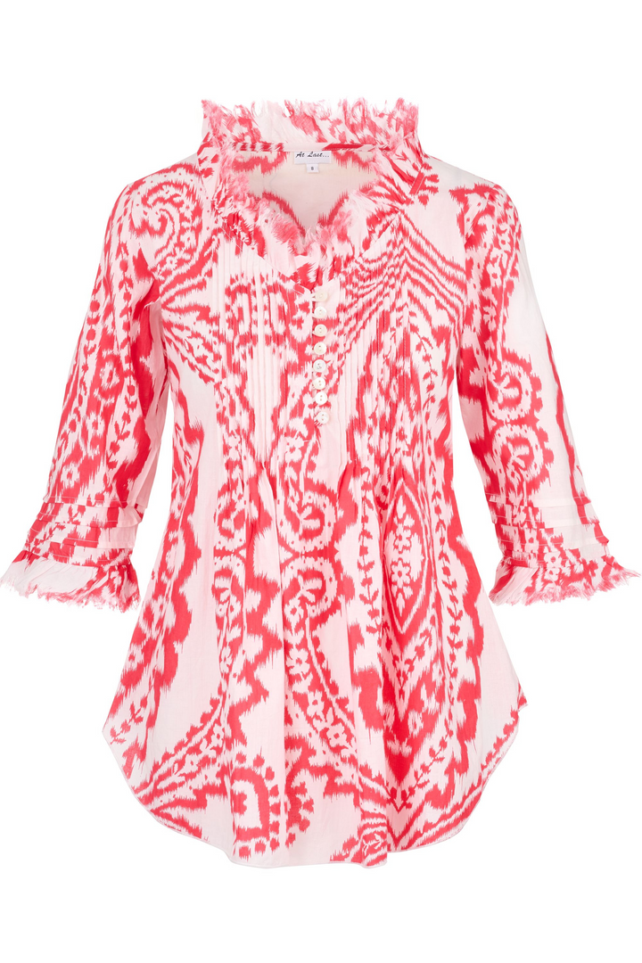 Sophie Cotton Shirt in Coral & White Ikat