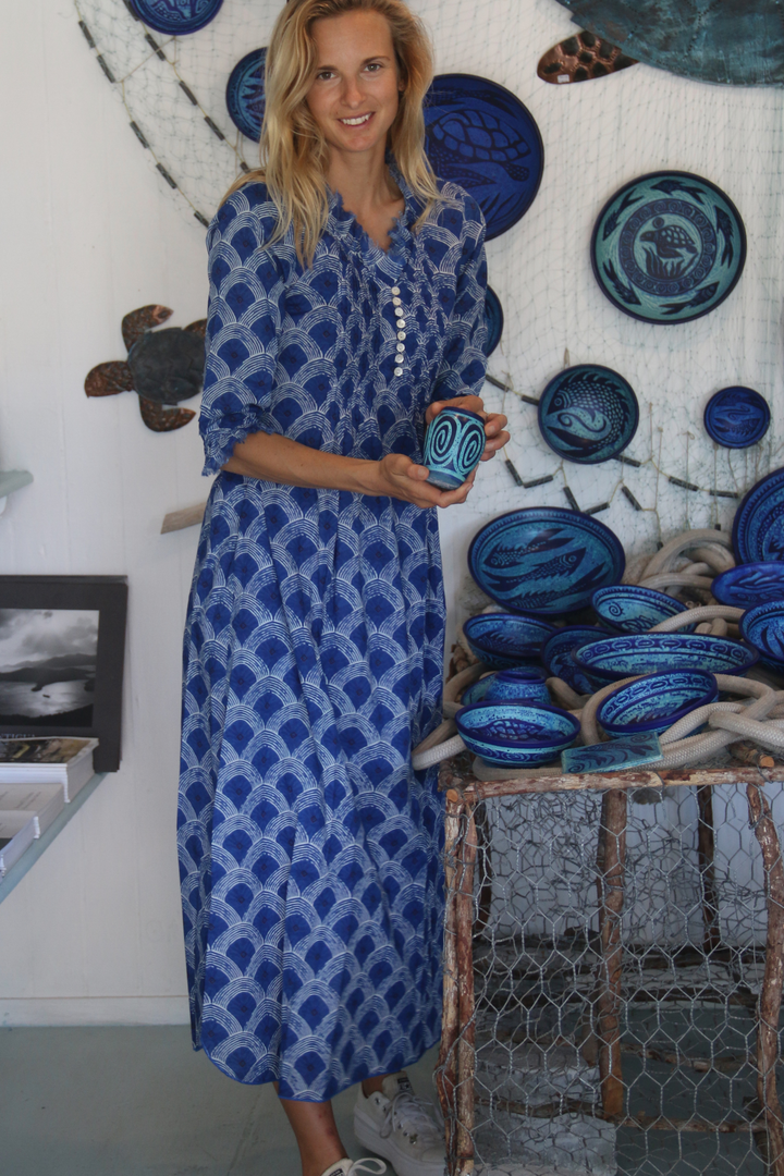 Cotton Annabel Maxi Dress in Royal Blue Fan