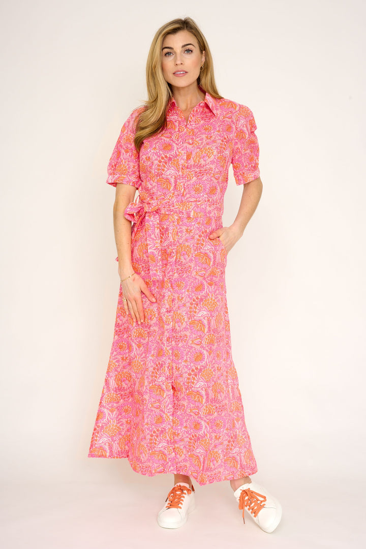 Cotton Maddie Dress in Pink with Orange Flower
