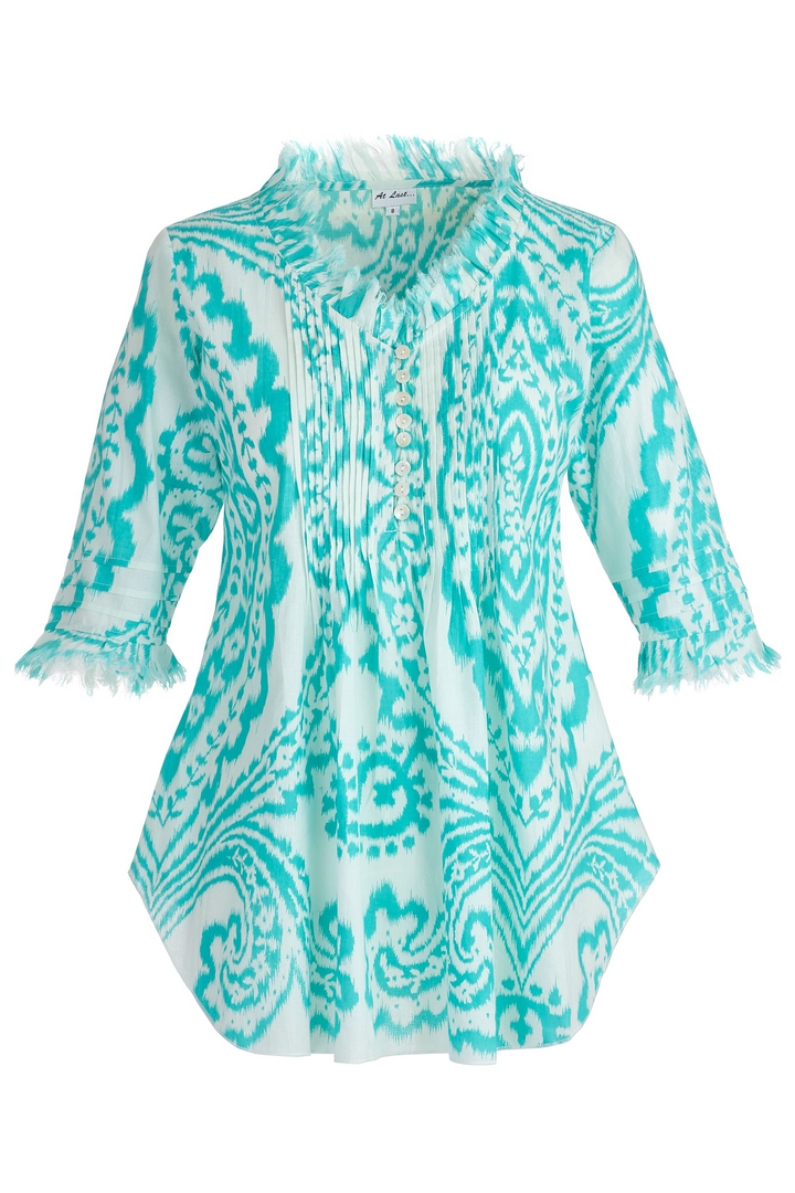 Sophie Cotton Shirt in Turquoise & White Ikat