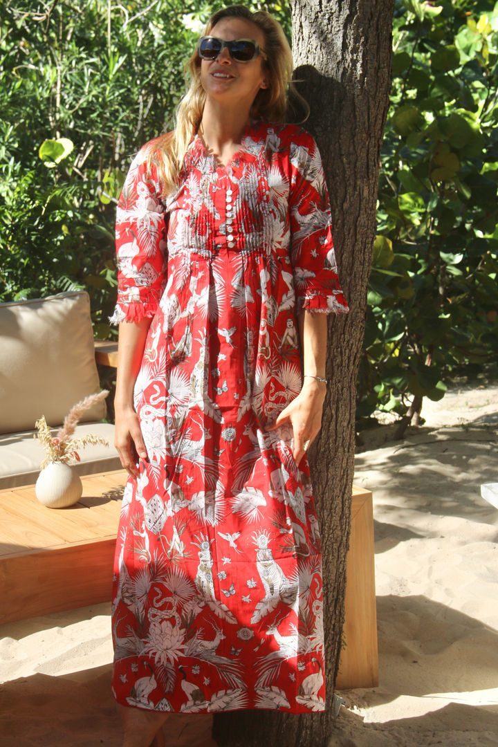 Cotton Annabel Maxi Dress in Red Tropical