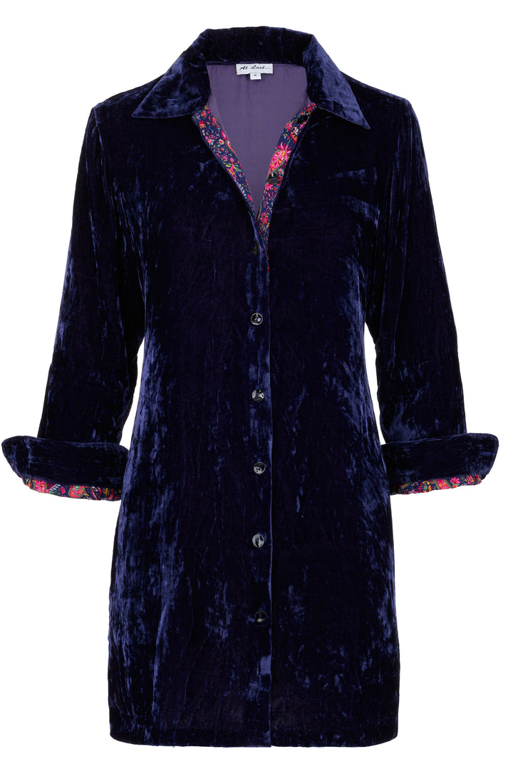 Amanda Silk Velvet Shirt In Navy With Lined Cuff & Collar