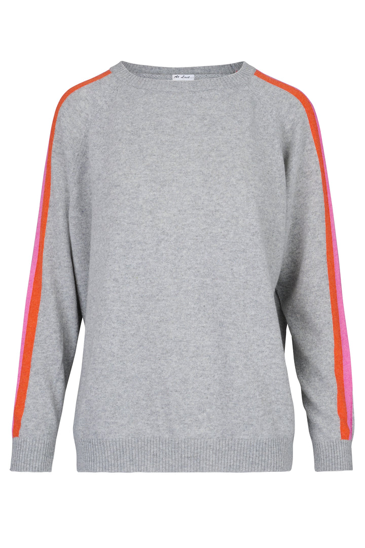 Cashmere Mix Sweater in Light Grey with Full Arm Stripe