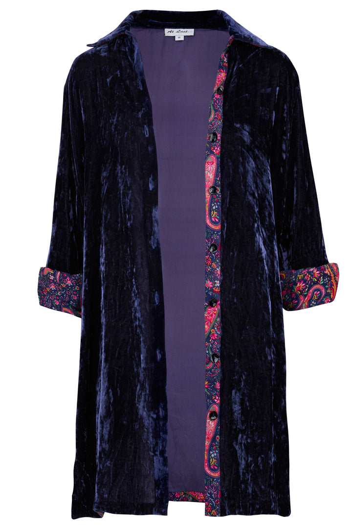 Amanda Silk Velvet Shirt In Navy With Lined Cuff & Collar