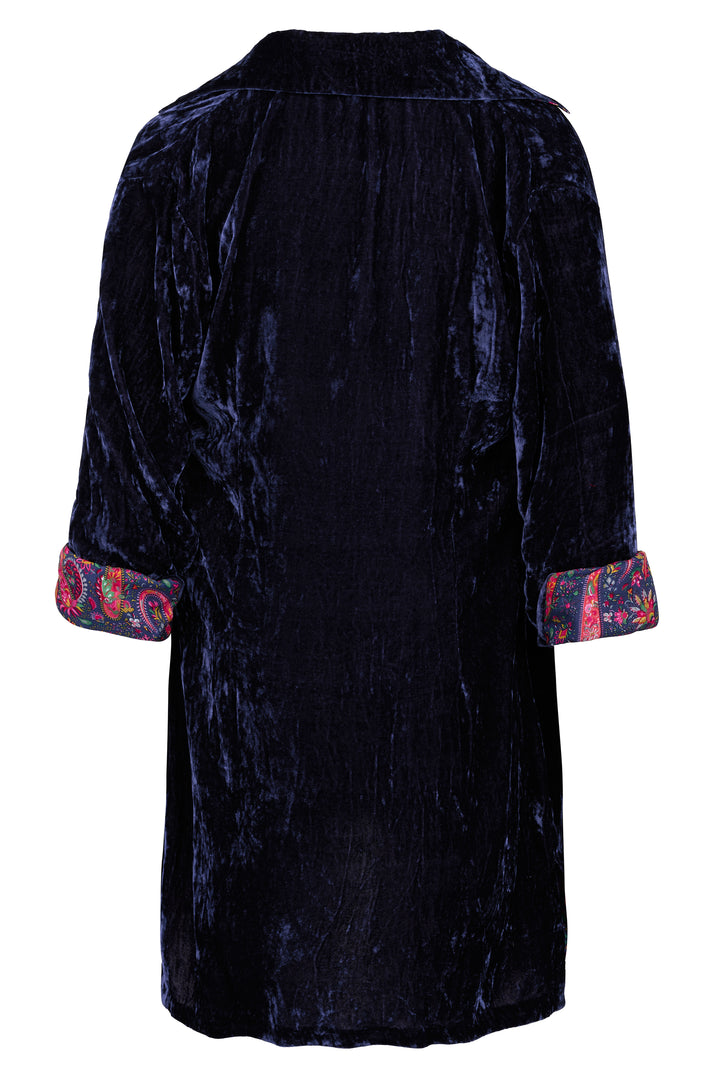 Amanda Silk Velvet Shirt In Navy With Lined Cuff & Collar