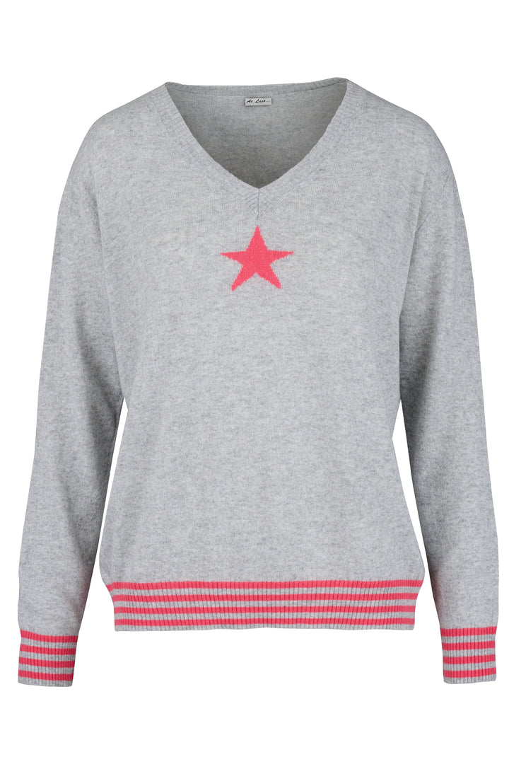 Cashmere Mix Sweater in Grey with Coral Star & Stripes