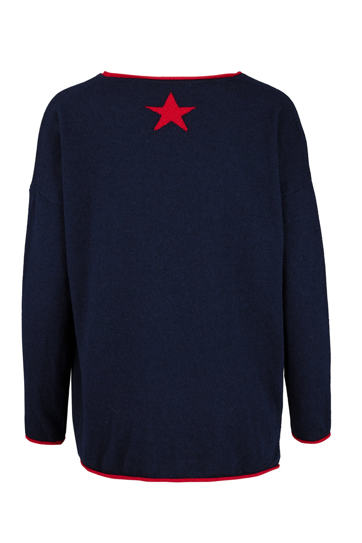 Cashmere Mix Sweater in Navy with Red V-Neck & Star