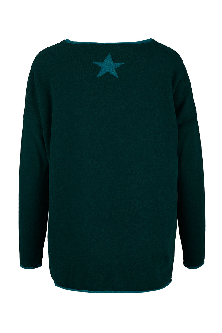 Cashmere Mix Sweater in Forest Green with Teal V-Neck & Star
