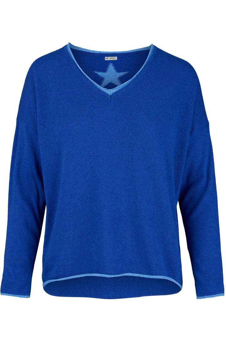 Cashmere Mix Sweater in Royal Blue with Light Blue V-Neck & Star