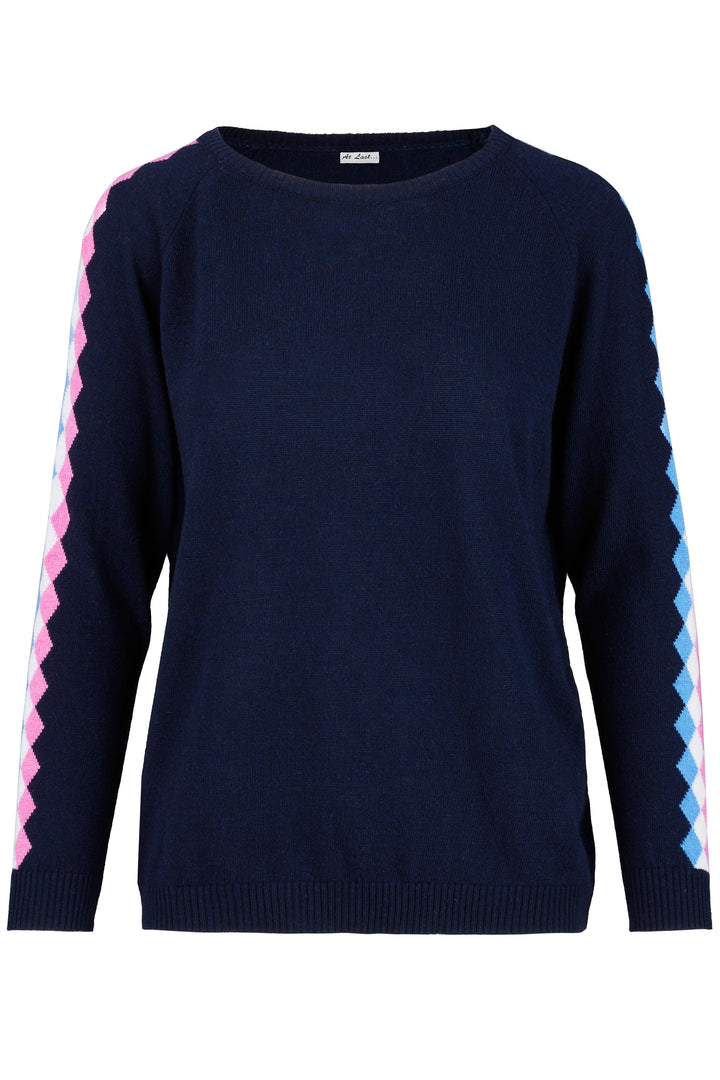 Cashmere Mix Sweater in Navy with Multi Diamond Arm Stripe