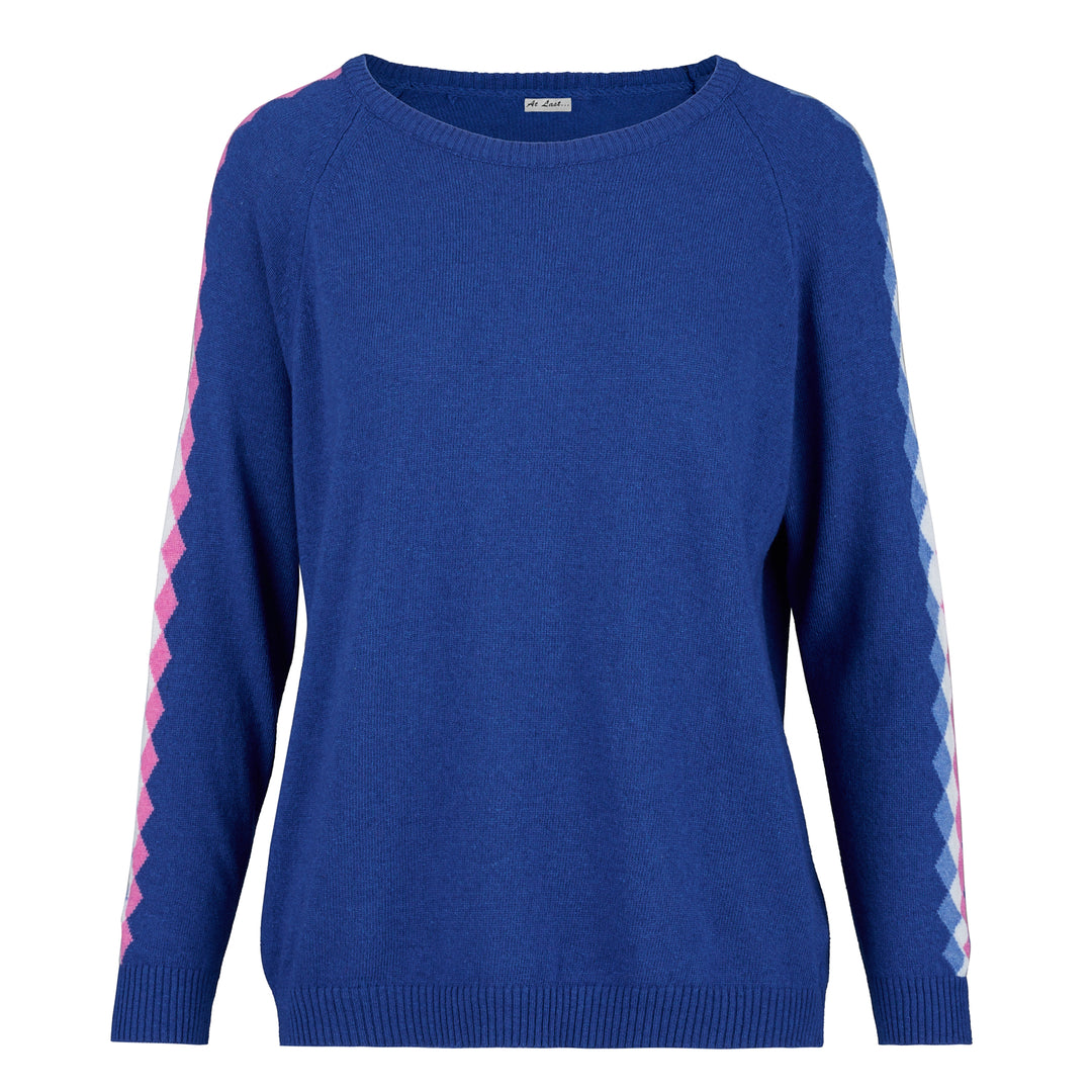 Cashmere Mix Sweater in Royal Blue with Multi Diamond Arm Stripe