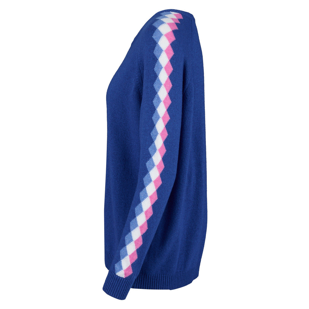 Cashmere Mix Sweater in Royal Blue with Multi Diamond Arm Stripe