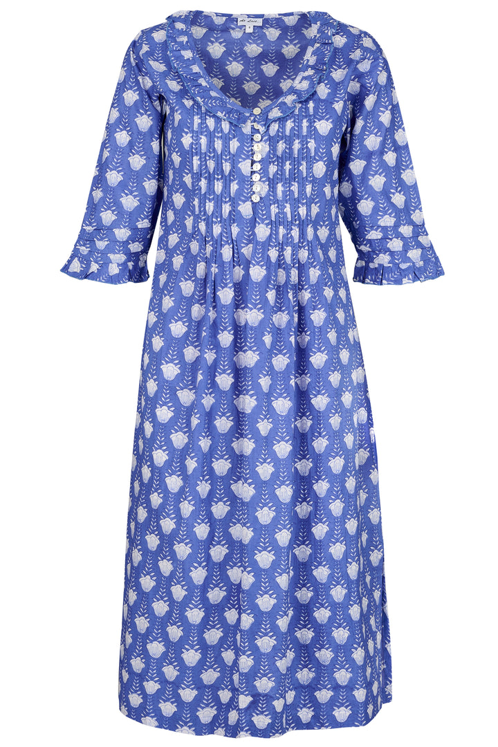 Cotton Karen 3/4 Sleeve Day Dress in Wedgewood Blue Flower