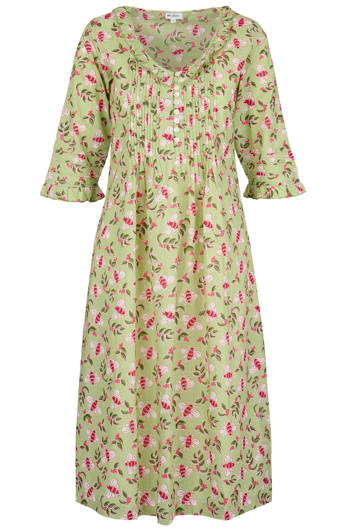 Cotton Karen 3/4 Sleeve Day Dress in Pistachio with Pink Busy Bees