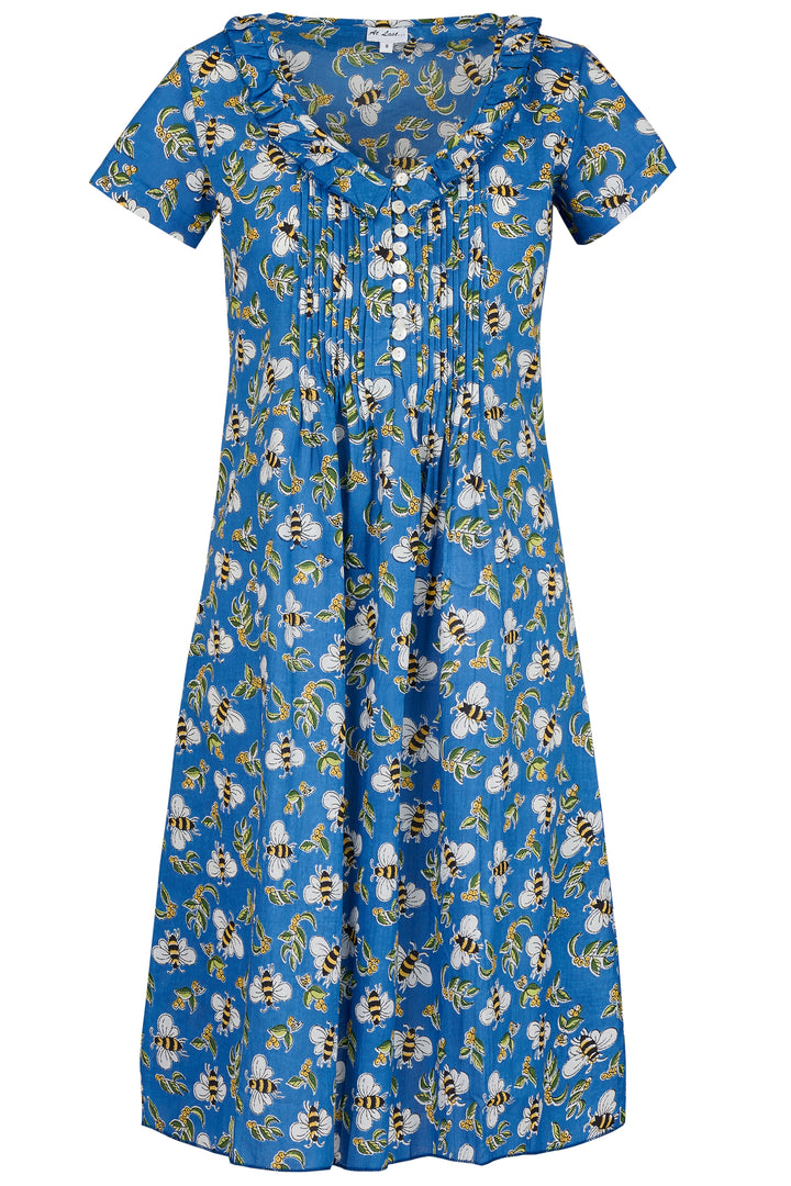 Cotton Karen Short Sleeve Day Dress in Royal Blue Busy Bee