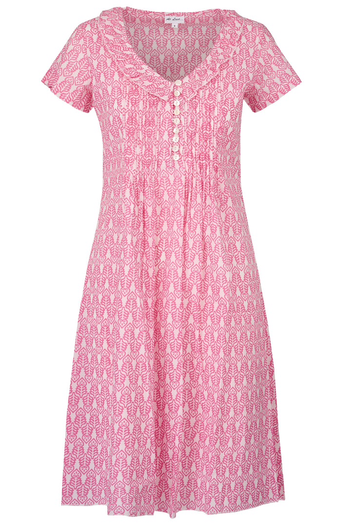 Cotton Karen Short Sleeve Day Dress in Fresh Pink & White