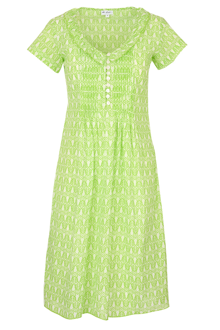 Cotton Karen Short Sleeve Day Dress in Fresh Lime & White