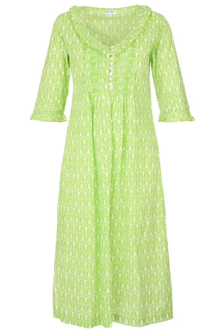 Cotton Karen 3/4 Sleeve Day Dress in Fresh Lime & White