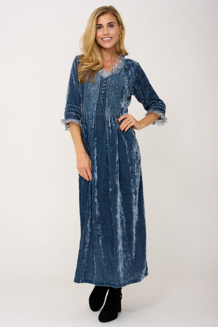 Silk Velvet Annabel Maxi Dress in Blue Grey