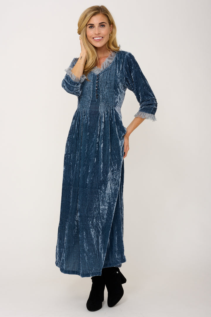 Silk Velvet Annabel Maxi Dress in Blue Grey