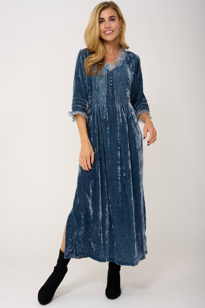 Silk Velvet Annabel Maxi Dress in Blue Grey