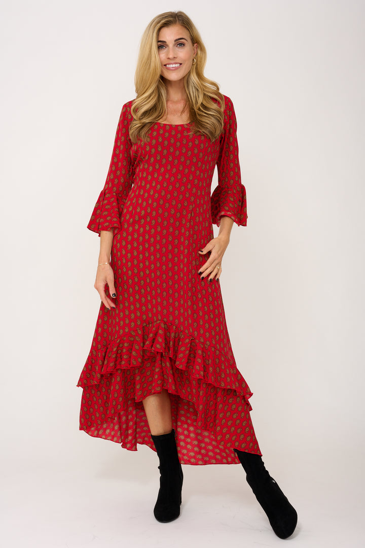 Victoria Midi Dress in Hot Red Paisley