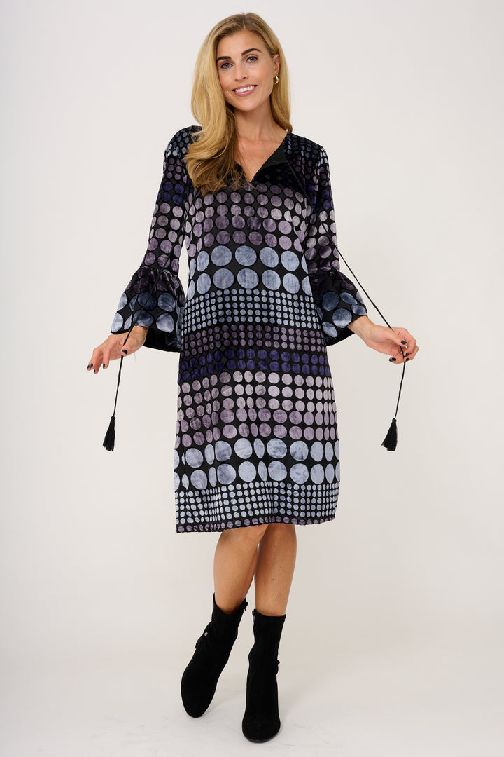 Silk Devore Velvet Belle Tassel Dress in Black & Grey Spot