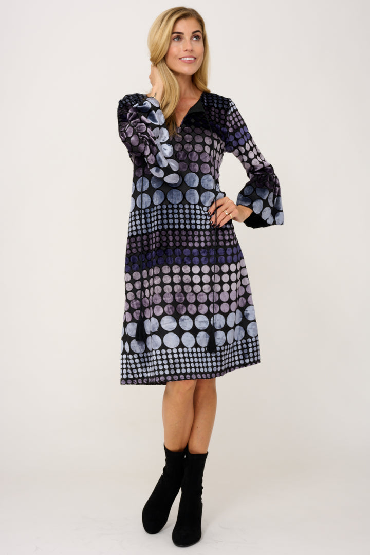 Silk Devore Velvet Belle Tassel Dress in Black & Grey Spot