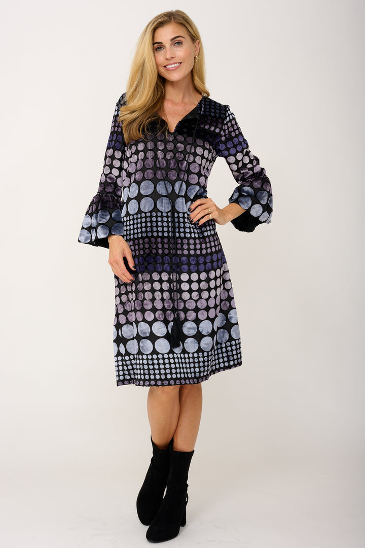 Silk Devore Velvet Belle Tassel Dress in Black & Grey Spot