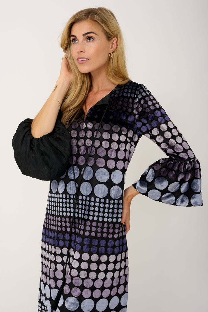 Silk Devore Velvet Belle Tassel Dress in Black & Grey Spot