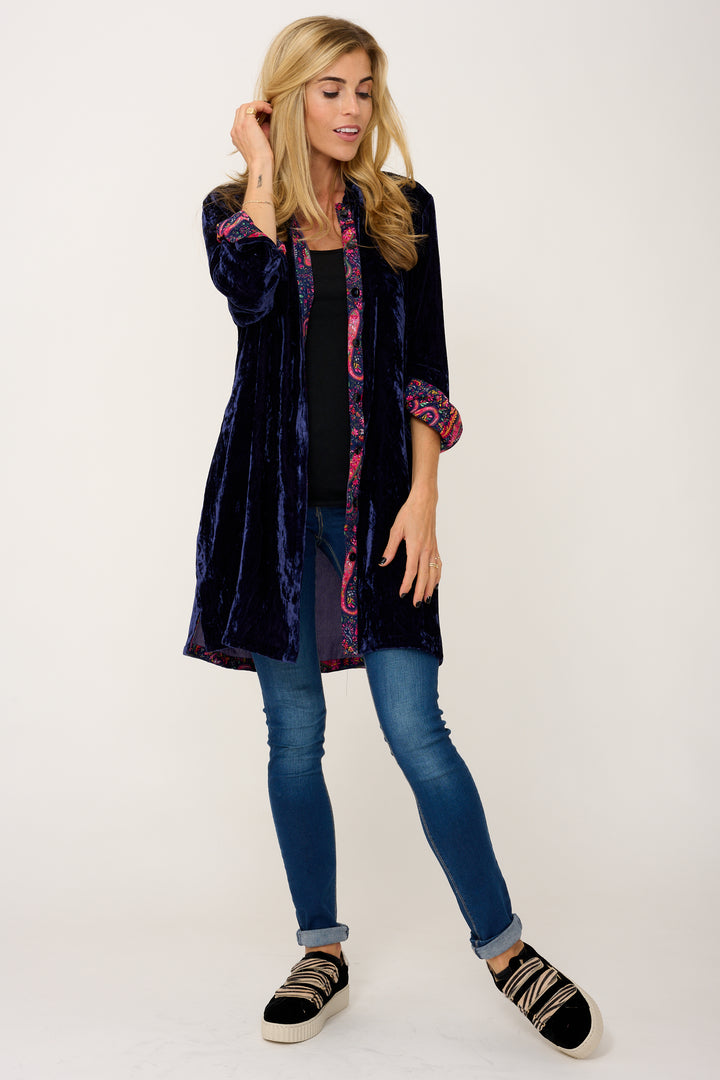 Amanda Silk Velvet Shirt In Navy With Lined Cuff & Collar