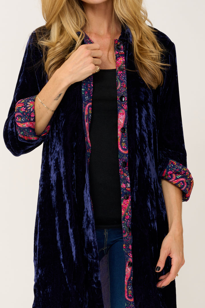 Amanda Silk Velvet Shirt In Navy With Lined Cuff & Collar