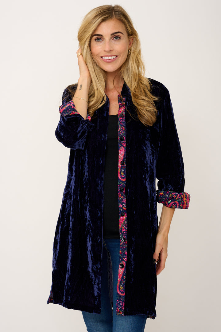 Amanda Silk Velvet Shirt In Navy With Lined Cuff & Collar