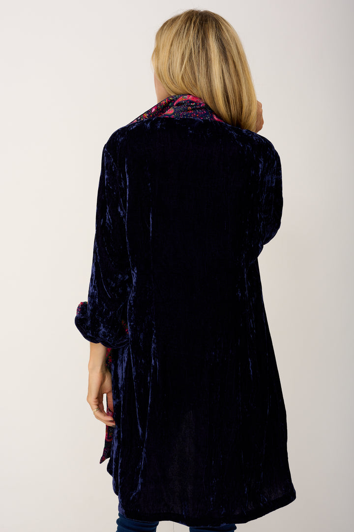 Amanda Silk Velvet Shirt In Navy With Lined Cuff & Collar