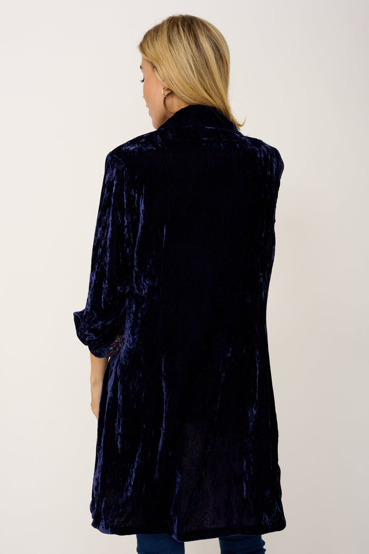 Amanda Silk Velvet Shirt In Navy With Lined Cuff & Collar