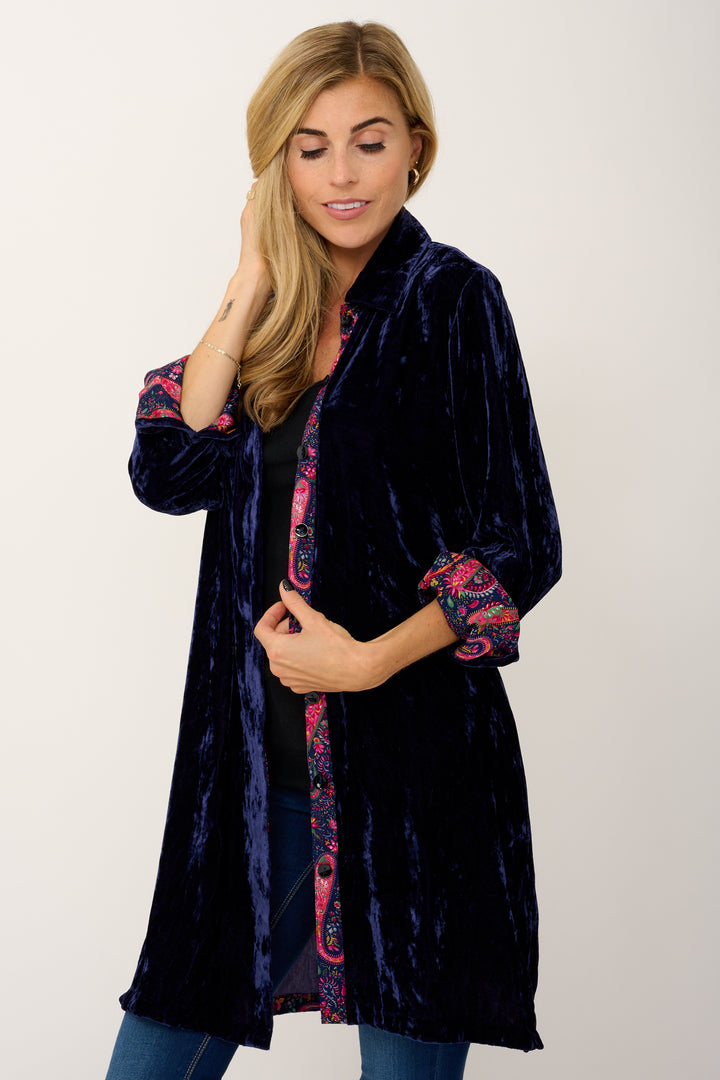 Amanda Silk Velvet Shirt In Navy With Lined Cuff & Collar