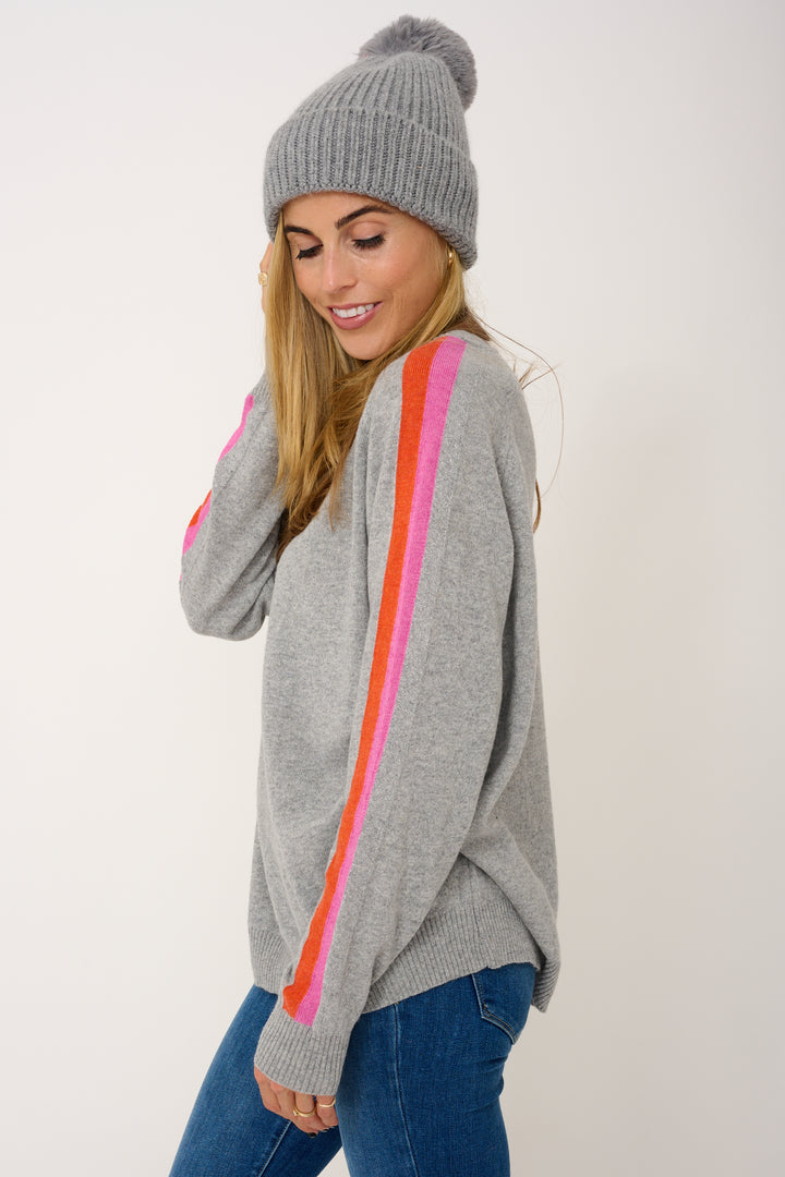 Cashmere Mix Sweater in Light Grey with Full Arm Stripe