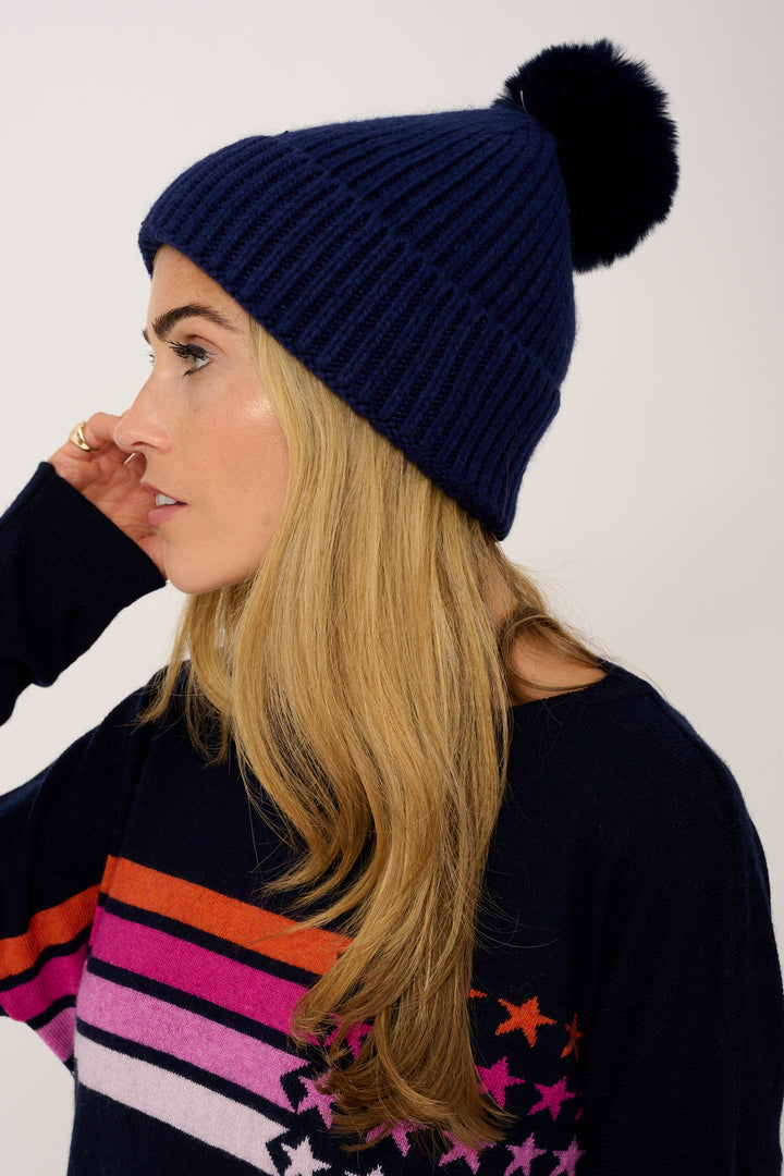 Super Soft Chunky Cashmere Mix Hat with Pom Pom in Navy