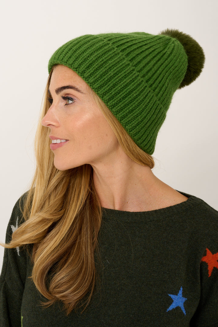 Super Soft Chunky Cashmere Mix Hat with Pom Pom in Forest Green