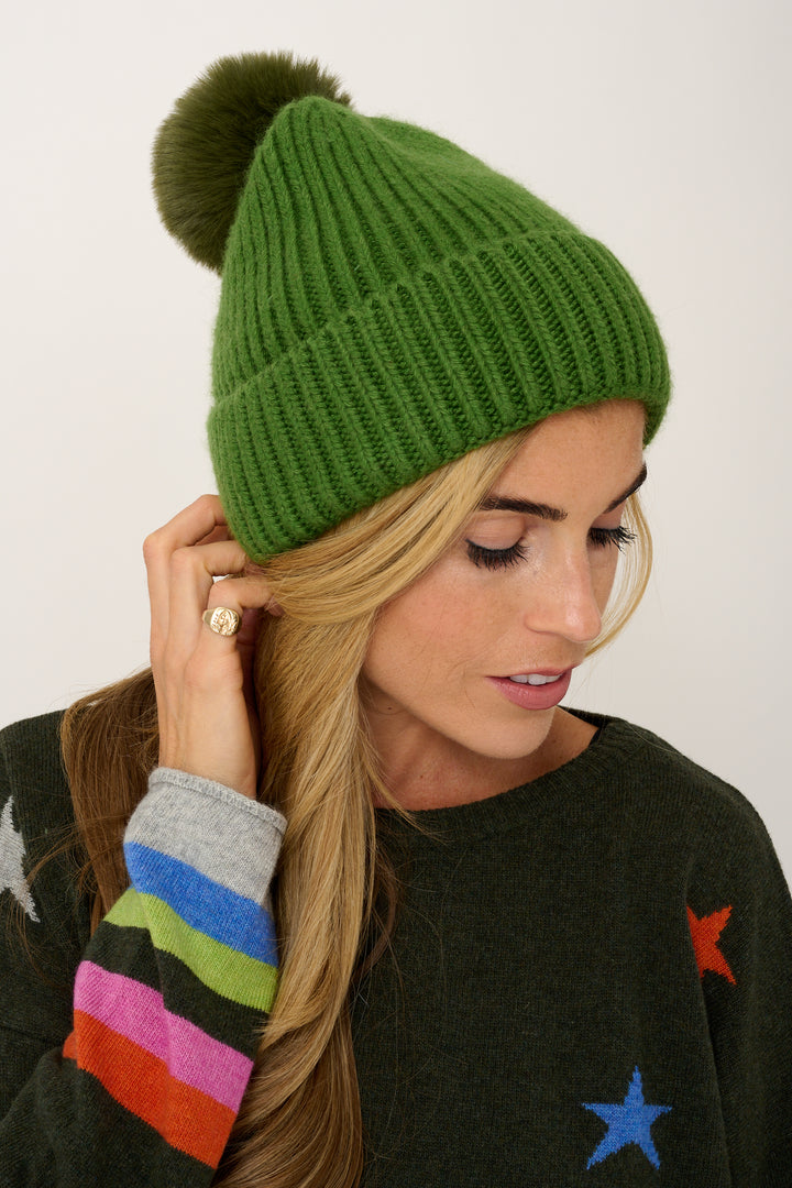 Super Soft Chunky Cashmere Mix Hat with Pom Pom in Forest Green