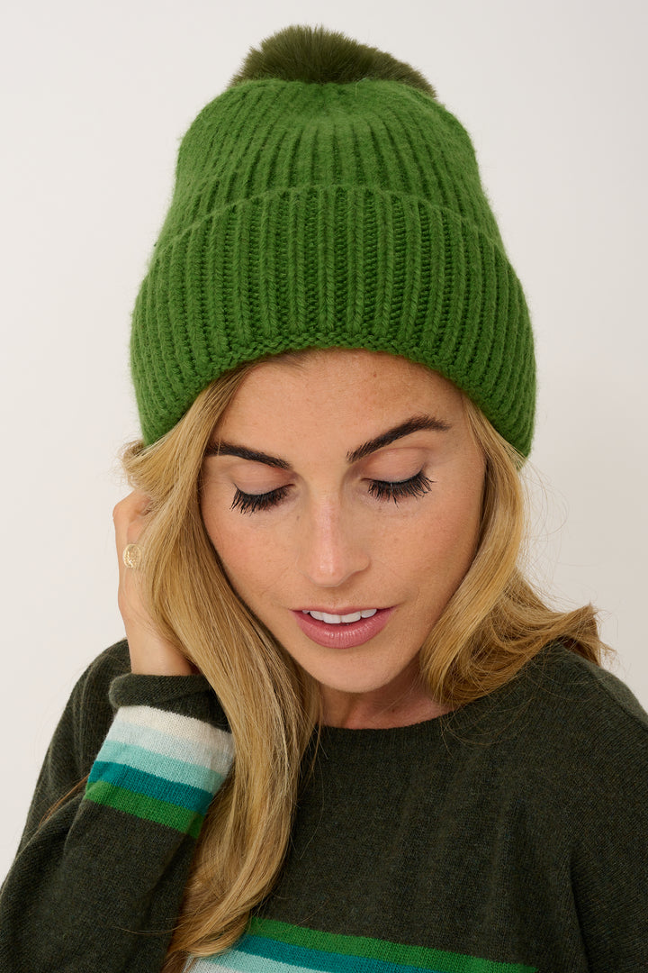 Super Soft Chunky Cashmere Mix Hat with Pom Pom in Forest Green