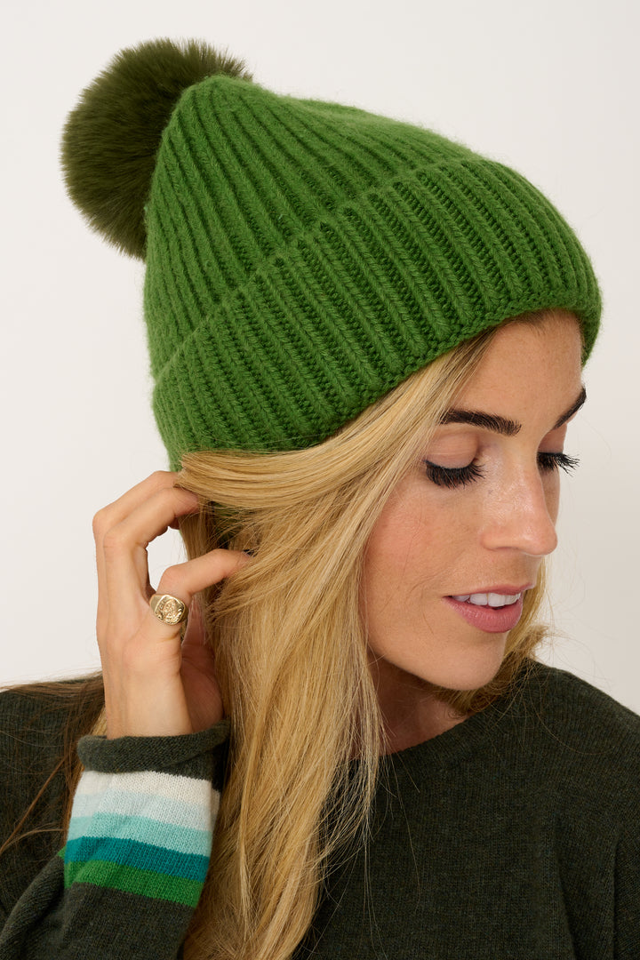 Super Soft Chunky Cashmere Mix Hat with Pom Pom in Forest Green