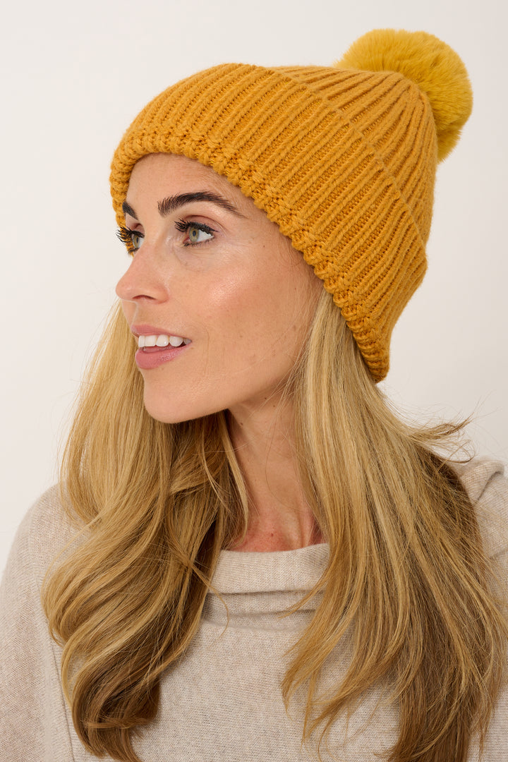 Super Soft Chunky Cashmere Mix Hat with Pom Pom in Mustard