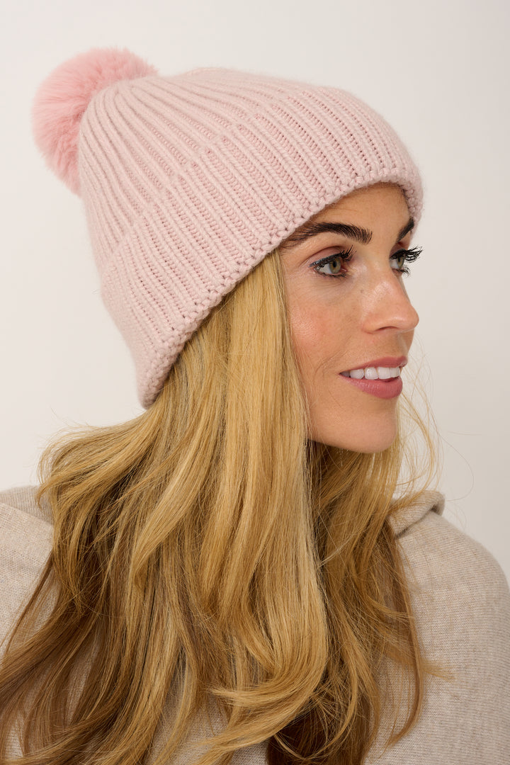 Super Soft Chunky Cashmere Mix Hat with Pom Pom in Baby Pink
