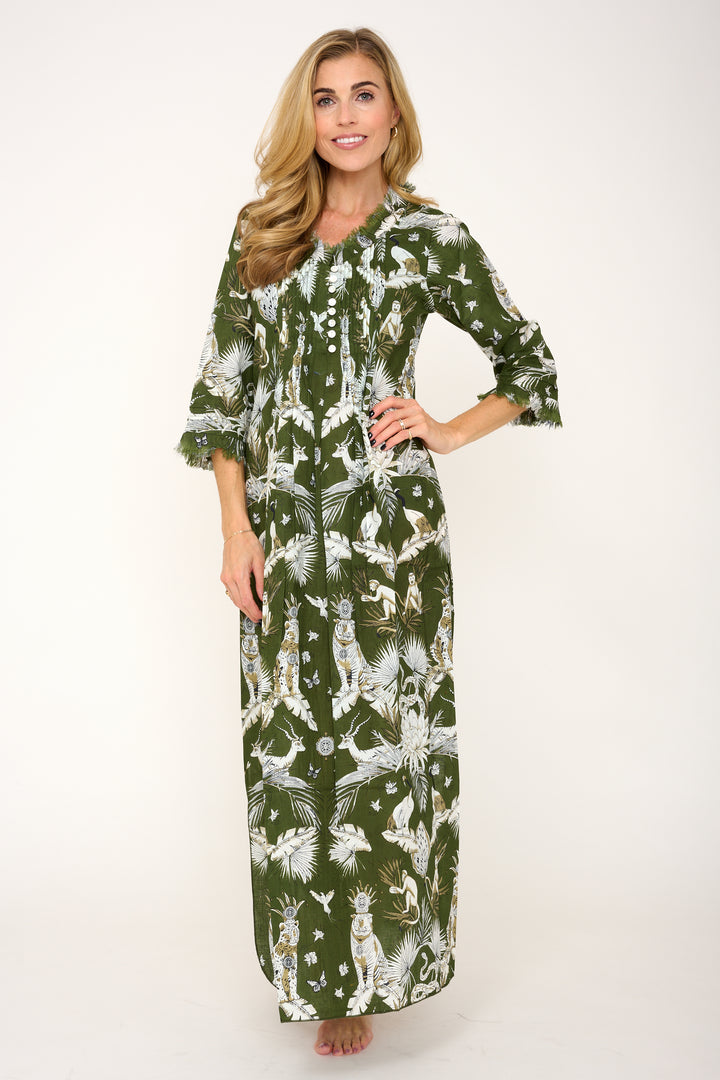 Cotton Annabel Maxi Dress in Olive Green Tropical