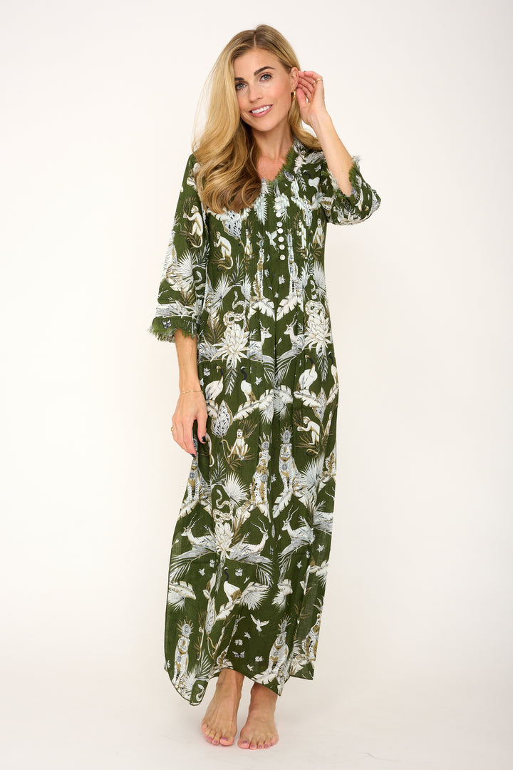 Cotton Annabel Maxi Dress in Olive Green Tropical